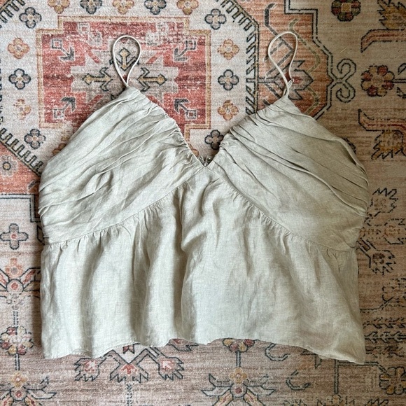 J. Crew Tan/ Beige Linen Babydoll Pleated V-Neck - Picture 1 of 5